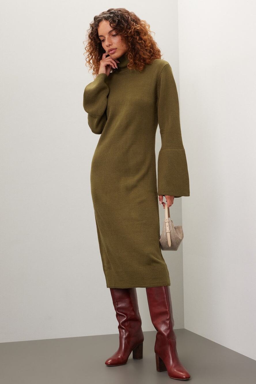 Area Stars Delilah Olive Green Knit Long Sleeve Mock Neck Midi Dress Size M